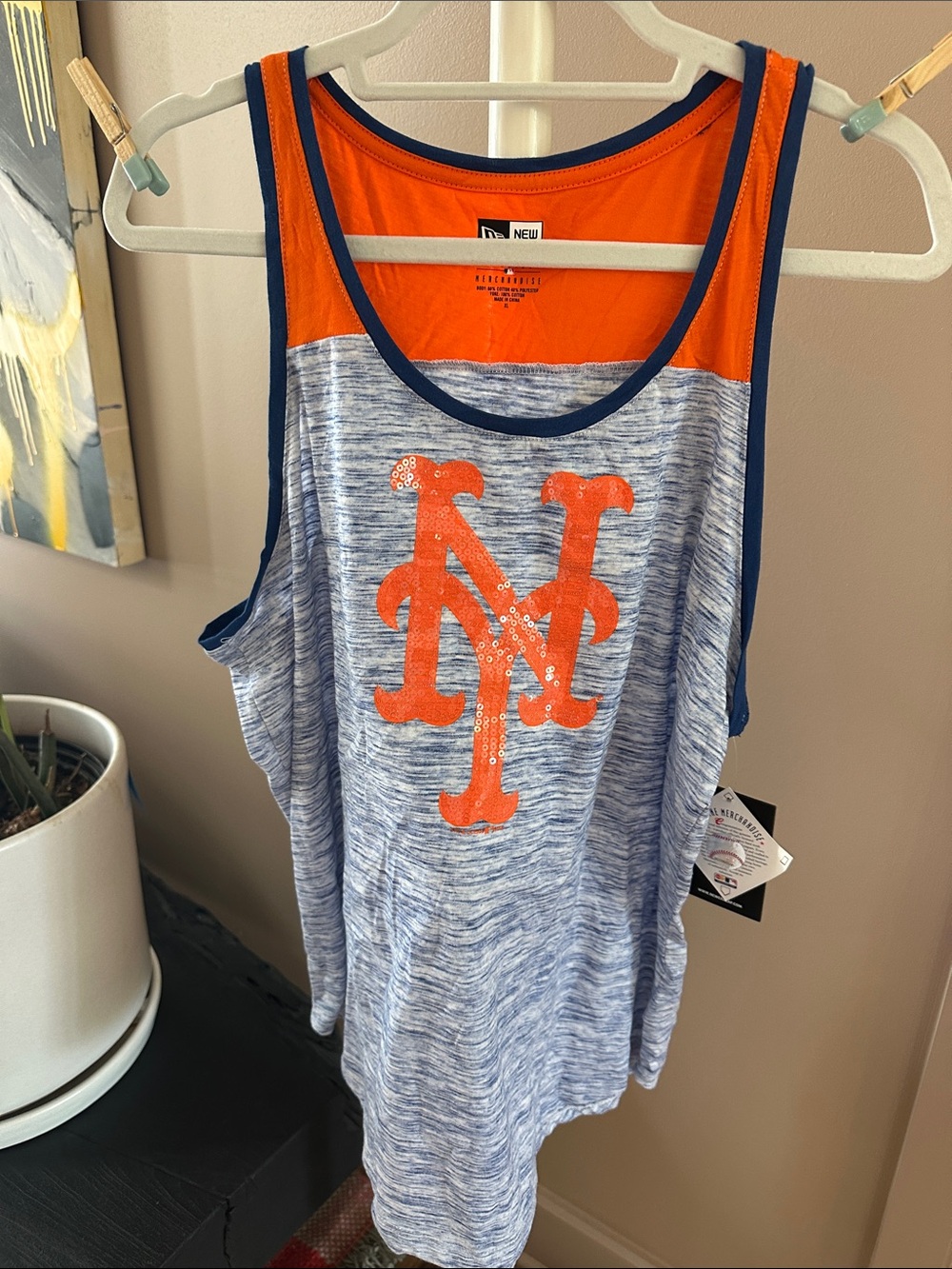 New Era Heather Blue Tank with Orange Sequined NY Logo